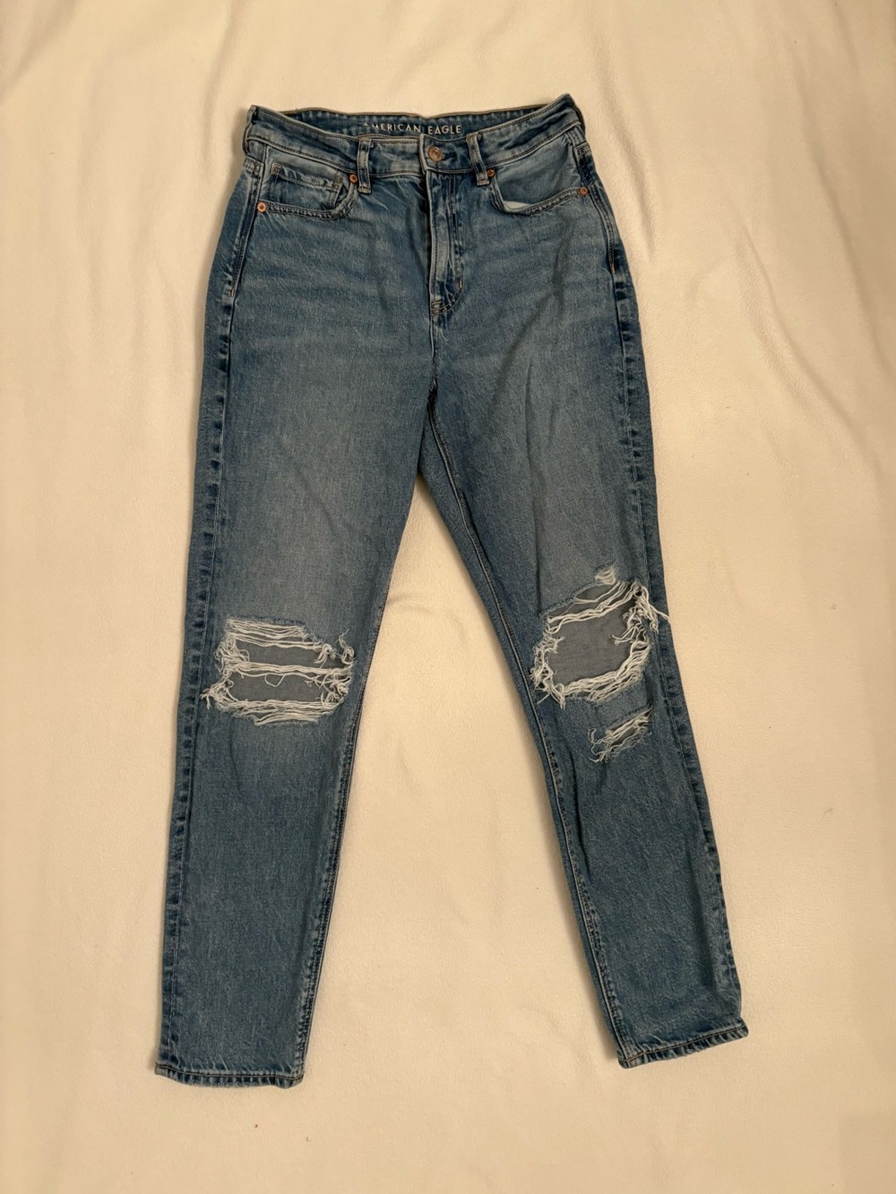 American Eagle Outfitters Medium Blue High-Rise Distressed Mom Jeans